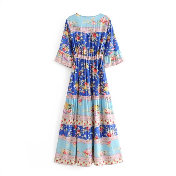 Blue V Neck Boho Floral Gypsy Print Maxi Dress - Picture 5 of 16